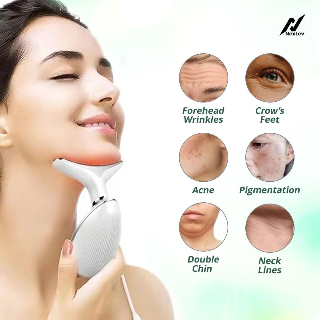 3-in-1 LED Light Face and Neck Massager For Anti Aging & Anti Wrinkle – Skin Tightening, Lifting & Rejuvenation Device with Multiple Modes