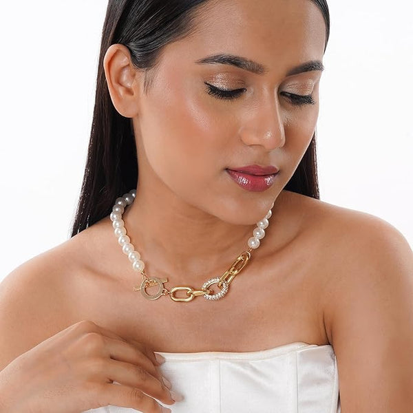 2-in-1 Elegant Pearl & Gold Accent Necklace & Bracelet