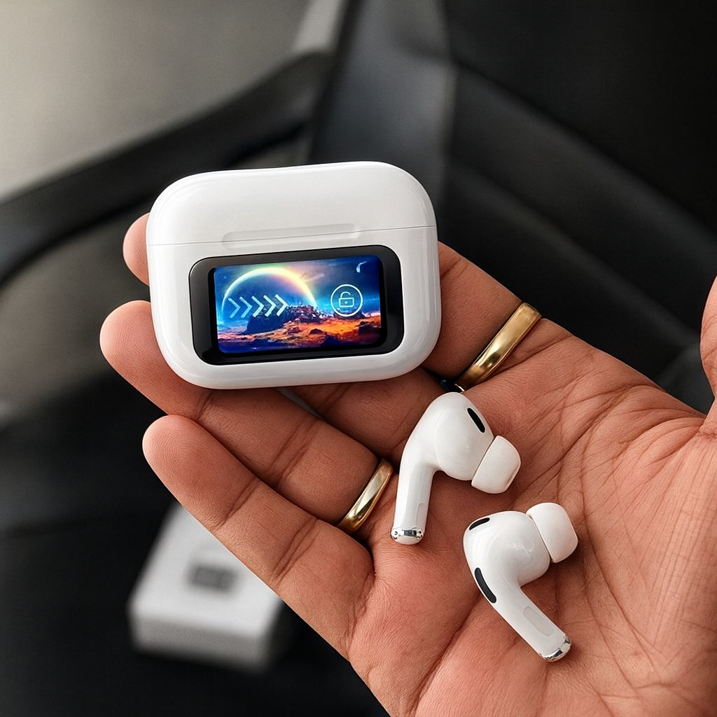 Airpods Pro 2+ With Digital Screen 100% ANC with 1.41" Full HD Touch Screen + GPS Tracking (Find my Device ) + 13mm High Deep Bass Drivers