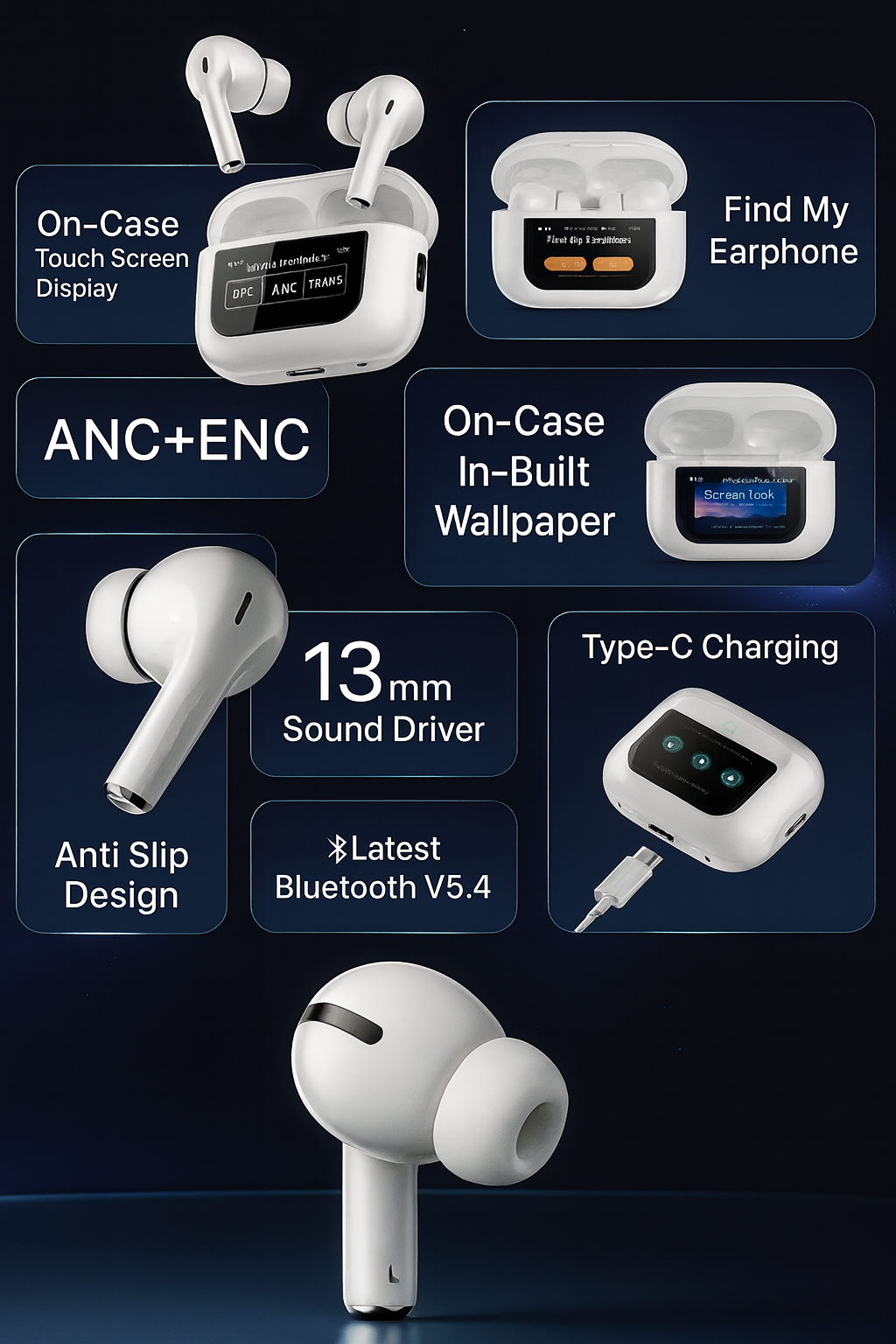 Airpods Pro 2+ With Digital Screen 100% ANC with 1.41" Full HD Touch Screen + GPS Tracking (Find my Device ) + 13mm High Deep Bass Drivers