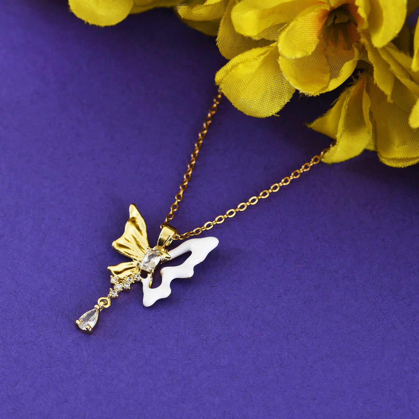 Crystal Drop Butterfly Pendant Necklace